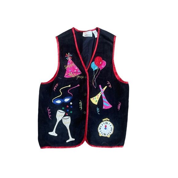 Vintage 90s happy new years celebration button down velour vest - Picture 1 of 6